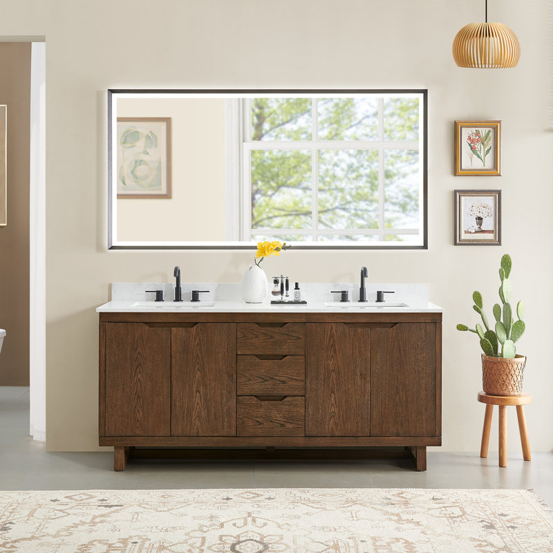 Meuble-lavabo double 72 po en chêne brossé brun avec grain de pierre blanc Mowry