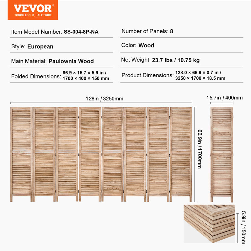 Paravent en bois pliable à 8 panneaux, 170 cm de hauteur, cloison intérieure à persiennes, paravent décoratif portatif, idéal pour la maison, le bureau, le restaurant et la chambre, conçu pour séparer les pièces.
