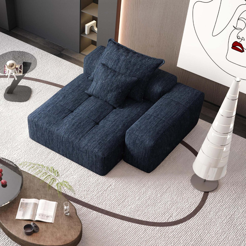 Canapé modulaire moderne capitonné avec 2 coussins, Chenille bleue