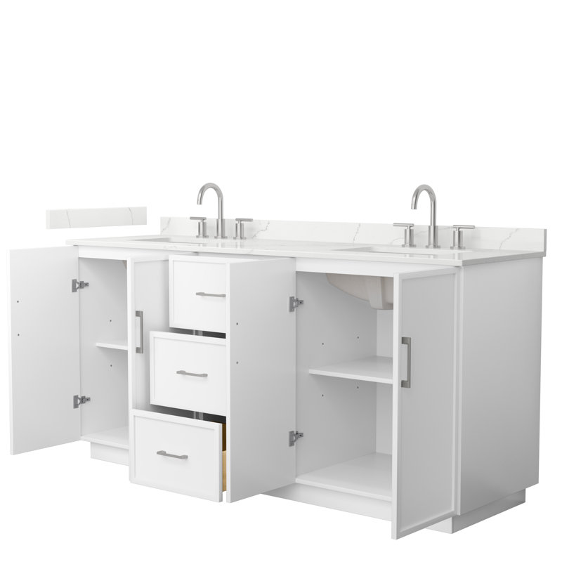 Elan TK 72" Freestanding Double Bathroom Vanity with Quartz Top, White, Brushed Nickel, Giotto Quartz