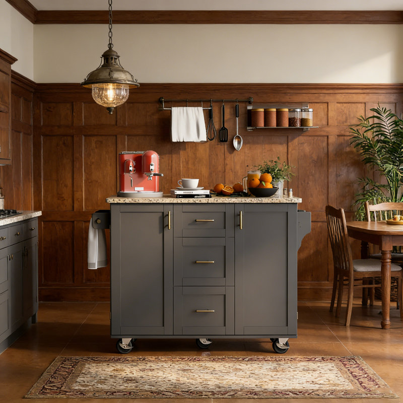 Rolling Kitchen Island with Storage, Rubber Wood Top, 3 Drawers, Slide-Out Shelves, and Internal Racks for Organized Cooking Spaces.