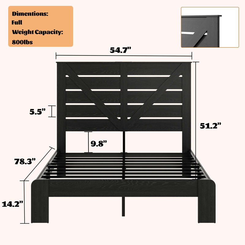 Structure de lit plateforme en bois, grand rangement sous le lit, Black, Full