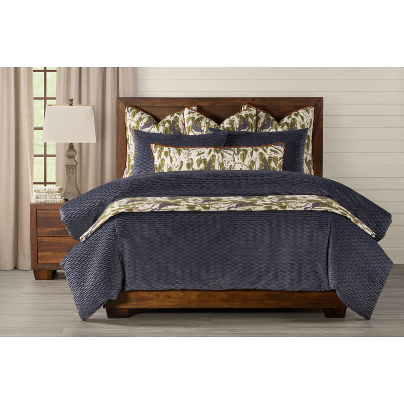 Pleated Velvet Blue Stone Duvet Cover & Insert Set, King Duvet Cover + 2 Shams + 1 Pillow