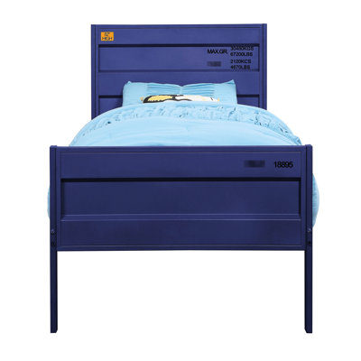 Lit plateforme bleu avec structure en métal stable pour une bonne nuit de sommeil et support de matelas