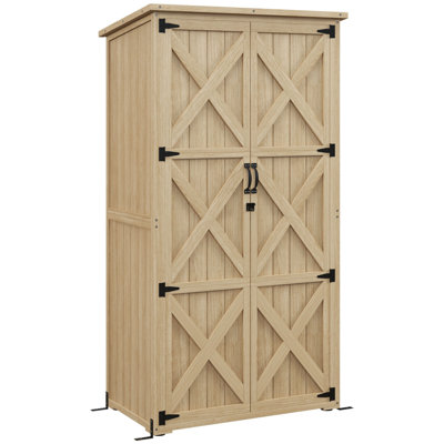 Outsunny Wooden Garden Shed, Outdoor Storage Cabinet With Waterproof Asphalt Roof, Narrow Tool Shed With Shelves And Lockable Doors, Natural