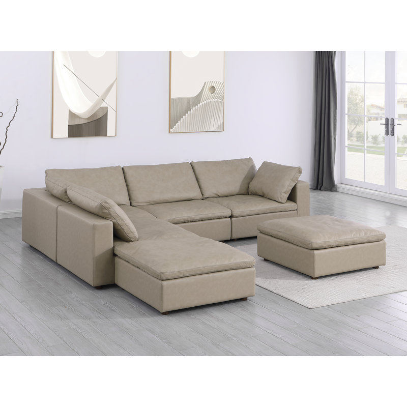 Knapen 6-Piece Sectional  Upholstered In Top-Grain Italian Leather, Left Hand Facing, Beige Genuine Leather