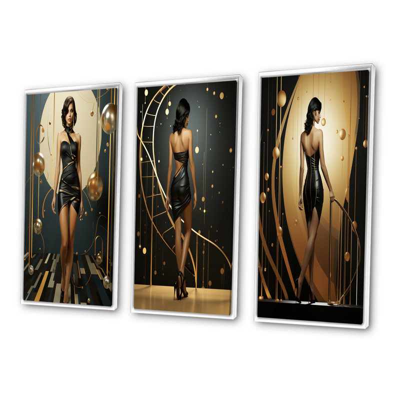 «Playful Evening Glam Portrait», 3 pièces sur toile, Cadre blanc, H 28 po x l 36 po
