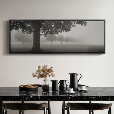 Extra Large Black and White Foggy Tree Landscape with Large Oak and Misty Park Scene Print Wall Art