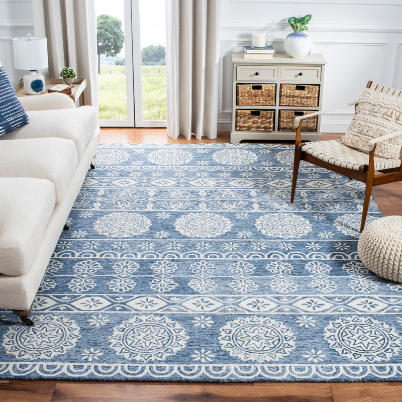 Tapis bleu / ivoire en laine / coton touffeté à la main Leavens, Rectangle 8 pi x 10 pi
