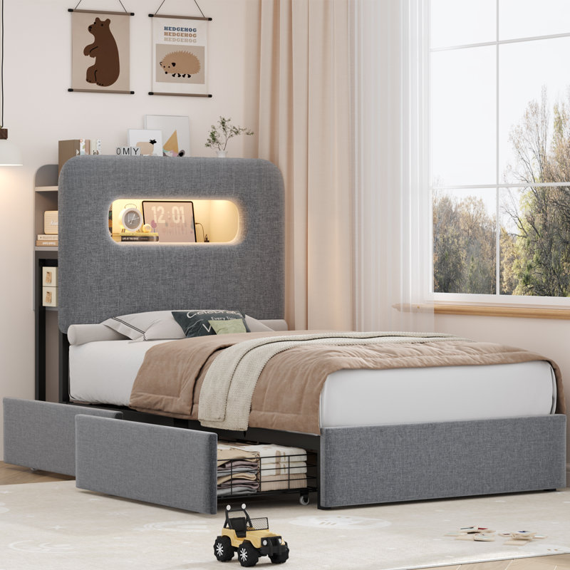 Structure de lit tapissier, lit de rangement avec DEL et station de charge, Simple, Gris