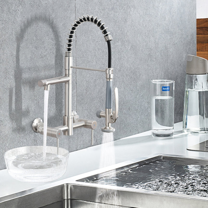 8-Inch Center Wall Mount Kitchen Faucet With Pull Down Sprayer, Brushed Nickel