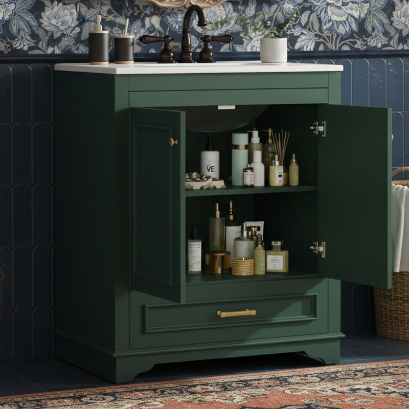  Meuble-lavabo autoportant de 30 po de largeur avec comptoir en céramique - Structure en bois massif - Portes élégantes à motif sculpté avec charnières à fermeture en douceur - Armoire de rangement polyvalente