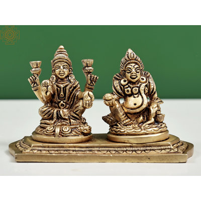Ensemble de statue déesse Lakshmi et Lord Kuber de 4 po en laiton - divinités de la prospérité indoues faites à la main pour un décor sacré de maison et de bureau
