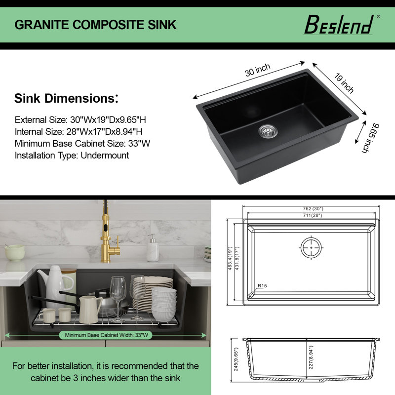 30'' L Single Bowl Quartz/Granite Kitchen Sink, Black