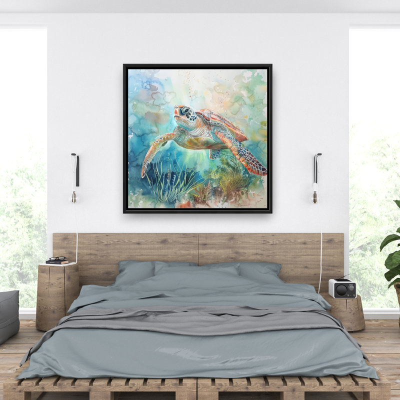Tortue, toile encadrée turquoise