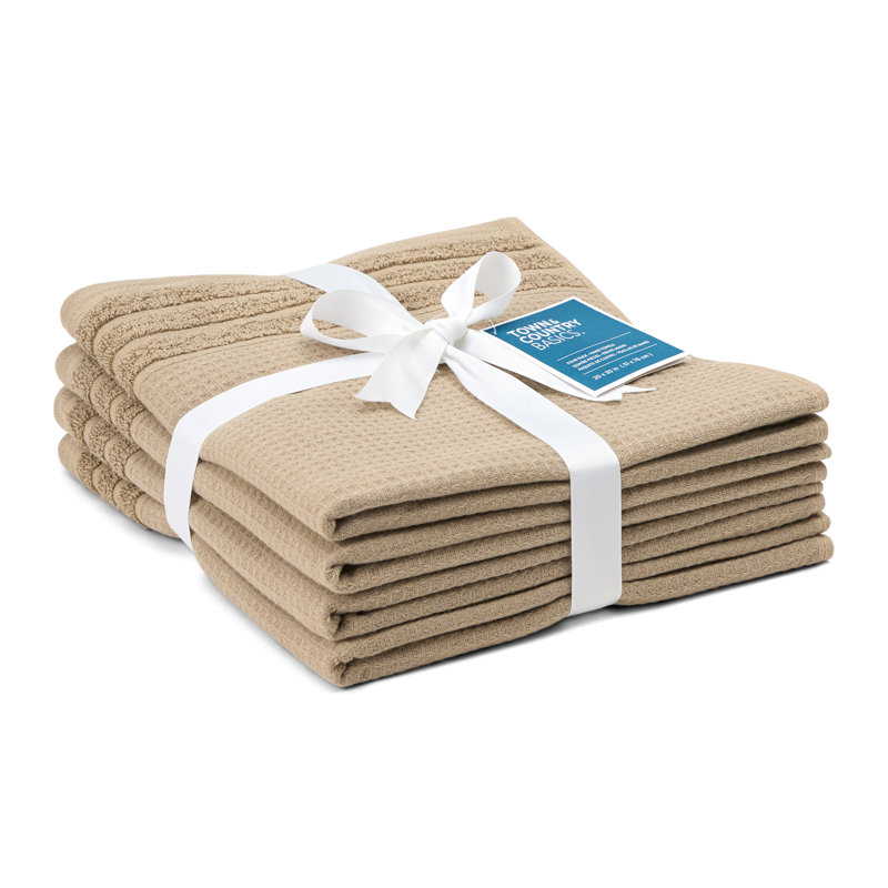 TOWN & COUNTRY BASICS 4-Piece Waffle Woven Terry Stripe Hand Towel Set, 20x30-Inch, 100% Cotton, Quick Dry, Taupe
