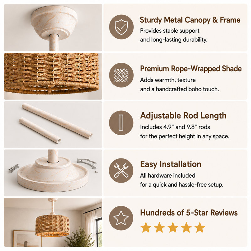 Beauchamp 18.9″ W Rattan Antique White Caged Lower Rod Mount Recessed Mount Ceiling Fan, Antique White
