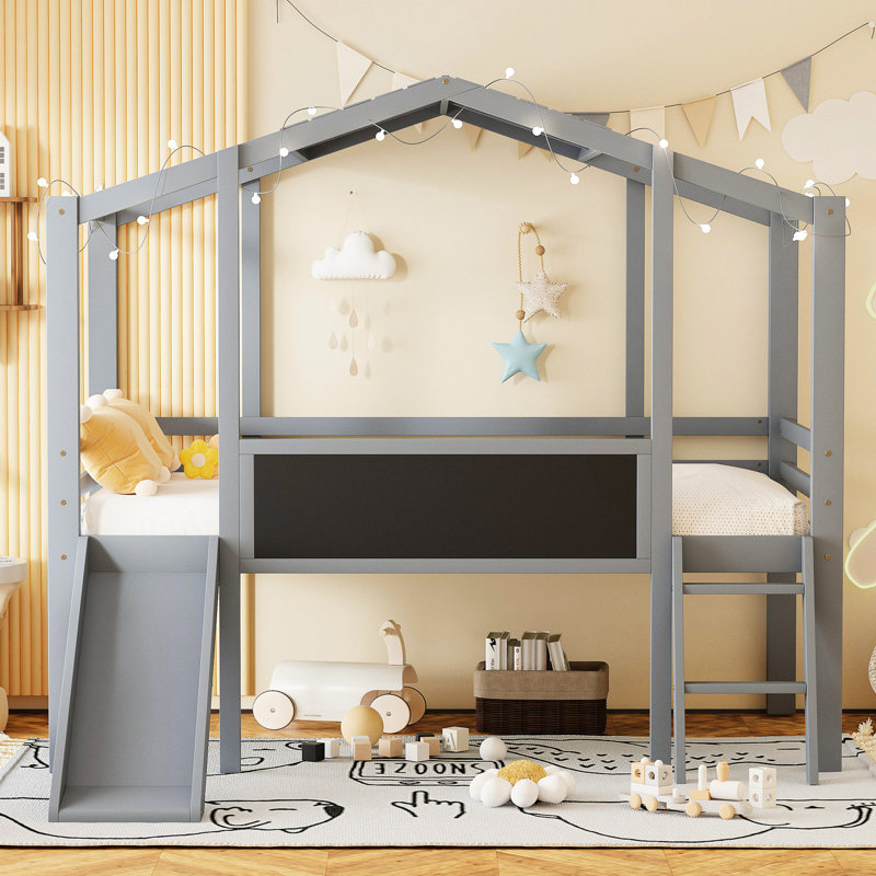 Lit mezzanine simple avec glissade en gris, bande noire de style maison captivante sur le toit, 6 ans après Maison charmante bande. Espace de jeu amusant pour. Instructions d'assemblage faciles