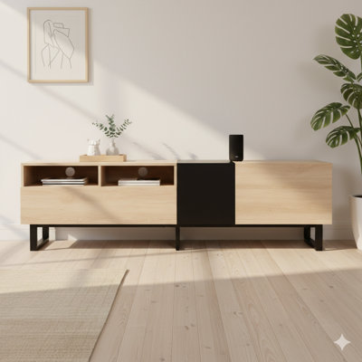 Console de télévision moderne pour téléviseurs de 80 pouces avec deux espaces de rangement, table multimédia, unité de divertissement avec porte rabattable pour le salon, la chambre à coucher ou le cinéma maison