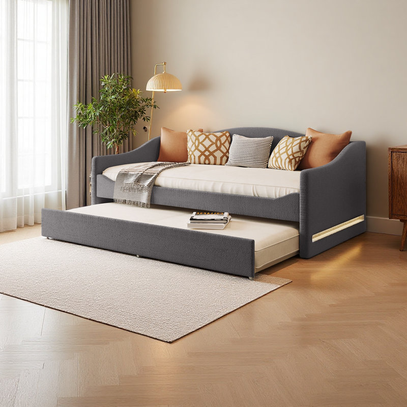 Teddy Fleece Twin Size Upholstered Daybed With Light And Trundle, Gray