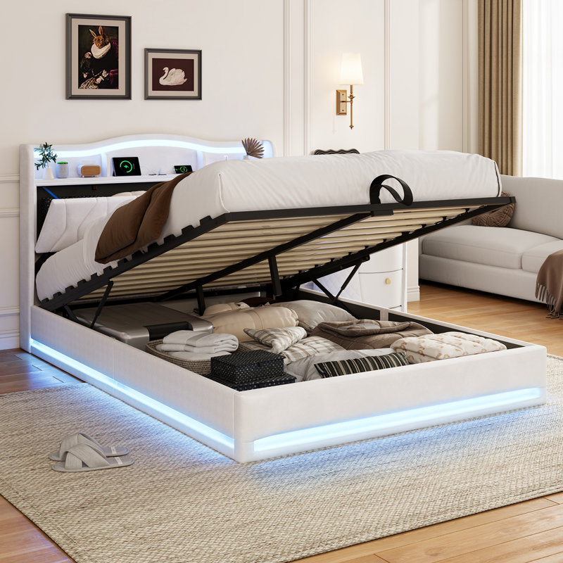 Upholstered Velvet Lift Up Storage Bed, European Double (140 x 200 cm), Beige
