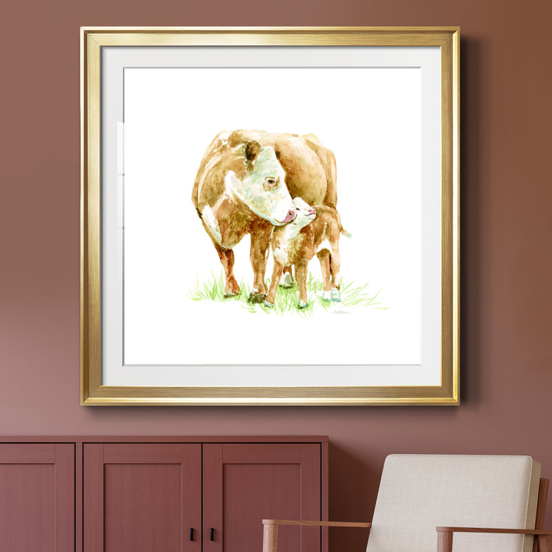 Vache et veau - Peinture encadrée, Encadrement doré, H 30,5 po x l 30,5 po x P 1,5 po