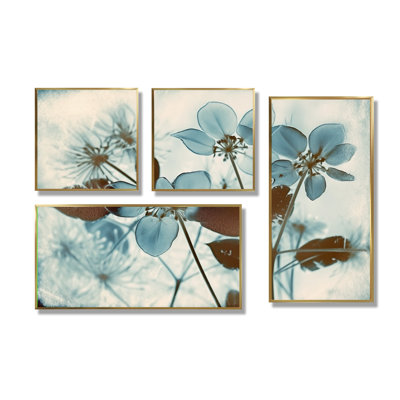 Fleurs botaniques rétro en V rétro bleu délavé - impressions botaniques abstraites sur toile 4 pièces