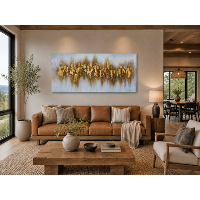 Modern Gold Abstract Wrapped Canvas Wall Art for Living Room, Bedroom & Office | Contemporary Gray and Champagne Gold Canvas Print, Ready to Hang