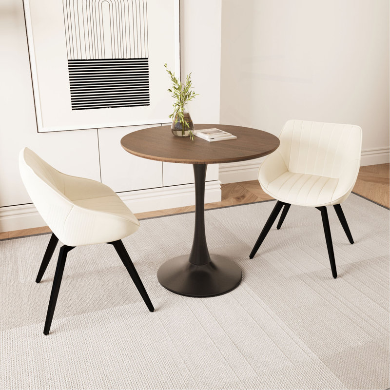 Table de salle à manger 31,5 "circulaire, table de salle à manger Tulip, table de salle à manger pour 2 à 4 personnes, plateau et base en panneau de fibres à densité moyenne et ensemble de 2 chaises en métal