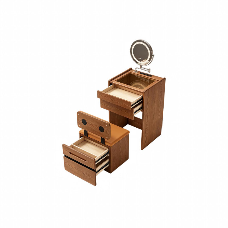 Ensemble de meuble-lavabo compact Mid-Century en bois d'hévéa massif avec miroir à DEL et tabouret de rangement