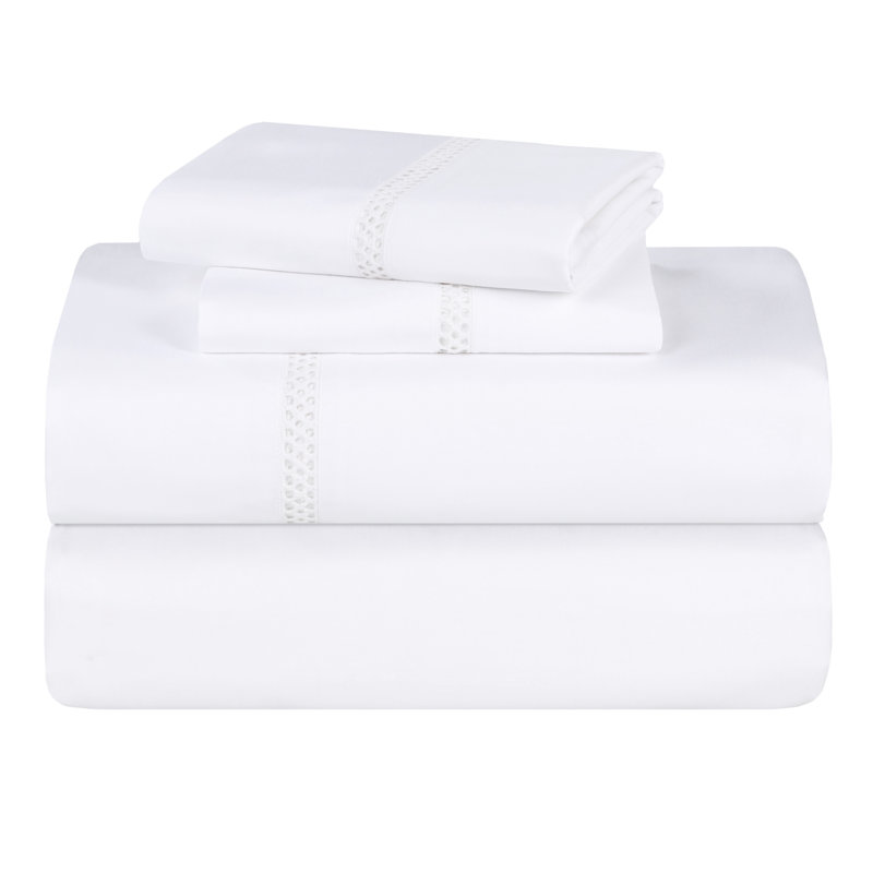 Full White Cotton Satin Embroidered Deep Pocket Bed Sheet Set