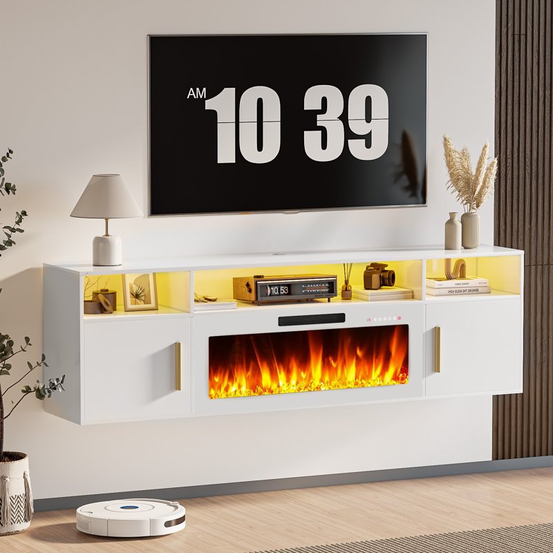 Alazik Floating TV Stand with 36" Electric Fireplace, White/White