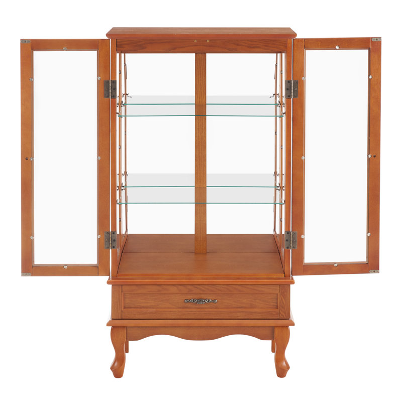 Lighted Glass Display Cabinet Glass Wine Cabinet Curio Display Cabinet With Adjustable Glass Shelves Two Doors And One Drawer Bulb Included For Home Decor And Storage