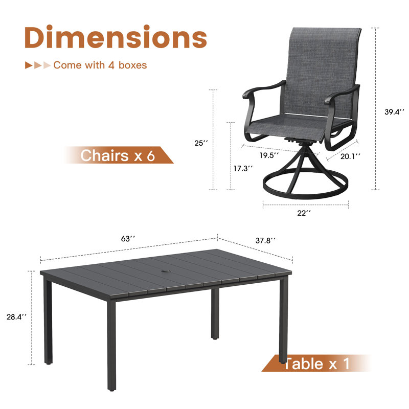 Ensemble repas d'extérieur 63 "avec table de salle à manger rectangulaire et 6 chaises de salle à manger pivotantes PVC-coated polyester