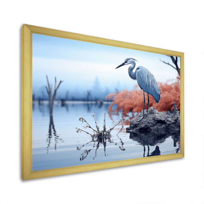 Heron Silent Waters Blue - Animals Wall Decor, H 30 po x l 40 po x P 1,5 po, Encadrement doré