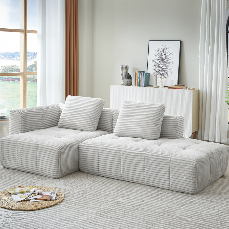 L-Shape Modular Compressed Couch, 3 Cloud Sectional With Chaise Lounge, Corduroy Upholstered For Apartment, Comfortable Spring Cushions, Modern Minimalist Atmosphere, Grey, No Assembly Required