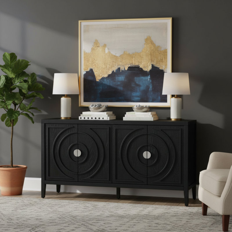 Retro-Style Sideboard Doors With Round Recessed Design And Round Metal Handles; Suitable For Multiple Settings., Black