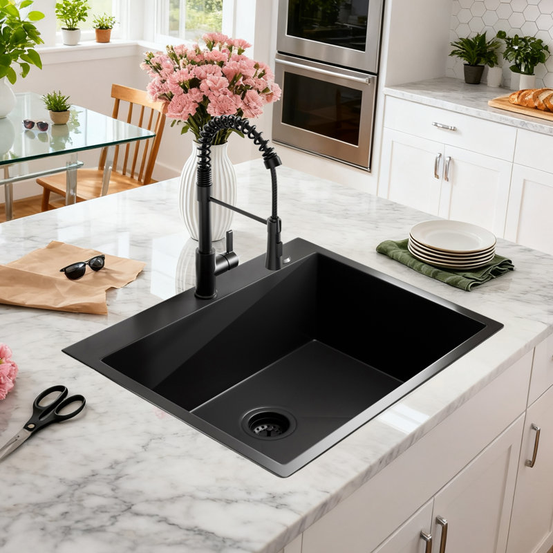 Évier de cuisine de luxe encastré à simple cuve noire de 25 po en acier inoxydable de calibre 18 avec robinet à col à ressort | Idée cadeau