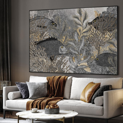 Très grande reproduction d'art sur toile - Illustration de poisson noir complexe, décor pour le salon ou la chambre à coucher - «Assemblage requis du cadre (cadre non fini)»