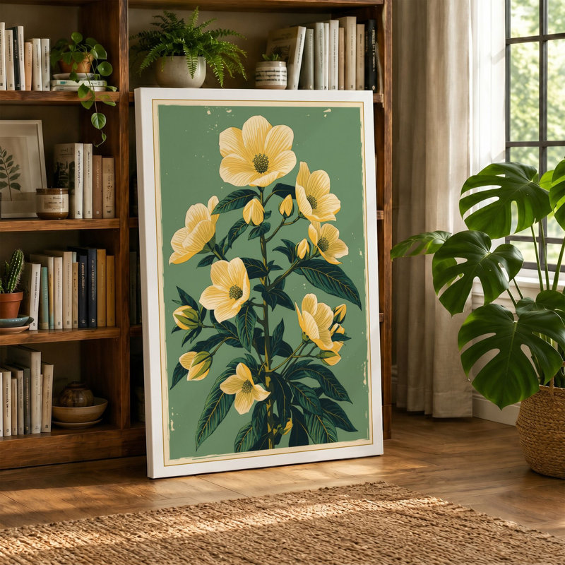 Study in Gold Botanical - Wrapped Canvas, 36x24 - 91.4 x 61.0 cm, Teal Border