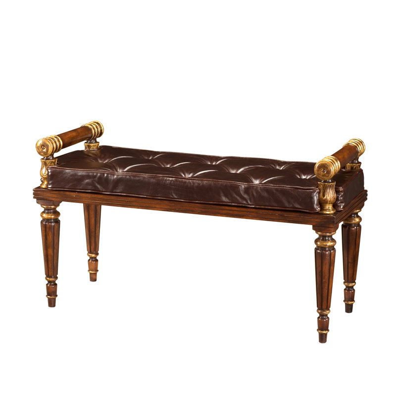 Theodore Alexander Mahogany and Leather Upholstered Bench
