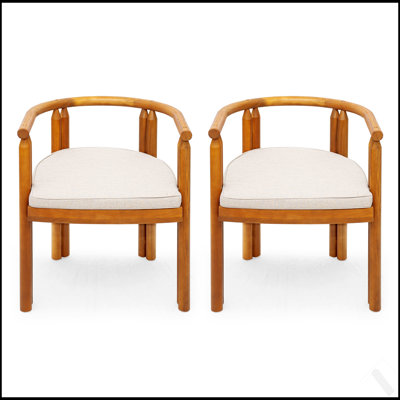 Cove Acacia Wood Armrest Dining Chair, Teak Finish With Beige Cushion For Outdoor Use, Set Of 2
