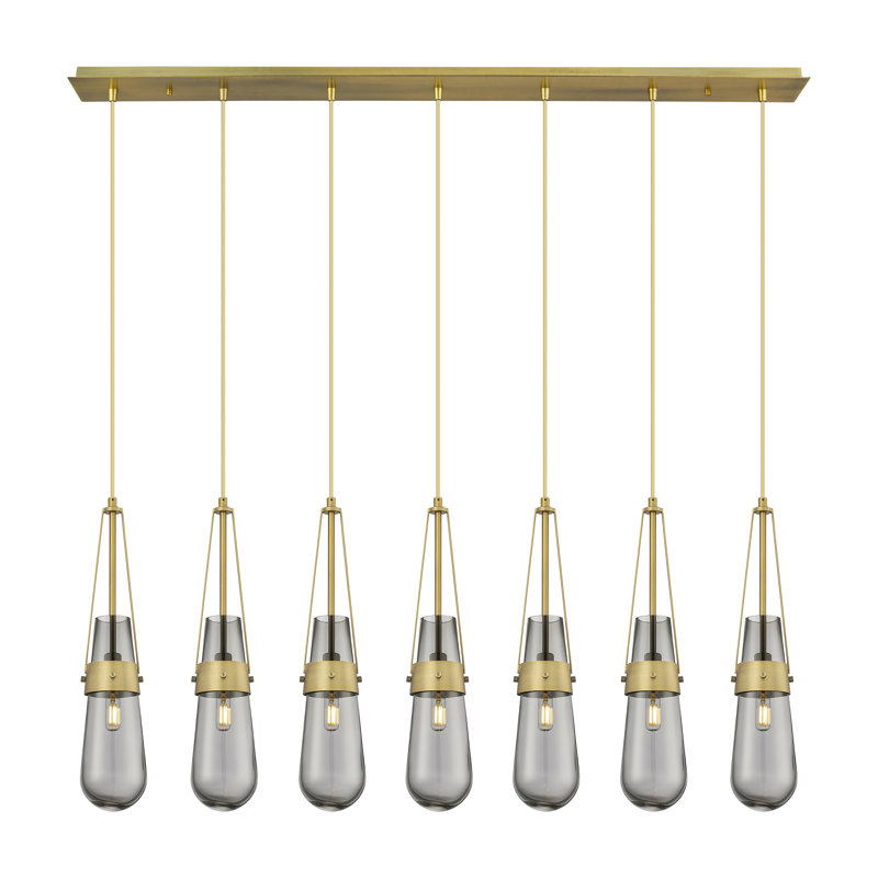Luminaire suspendu grappe 7 lumières Tengan, Laiton brossé, Gris fumée clair