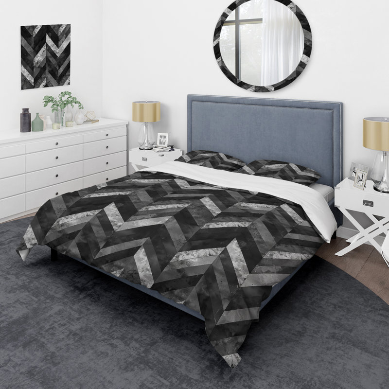 Ensemble de housse de couette moderne à chevrons gris et noir I, Housse de couette pour grand lit et 2 taies décor