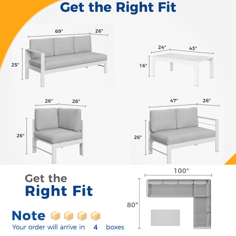 Ensemble de conversation modulaire en aluminium avec coussins 5 à 6 personnes Brandtley, Gris clair