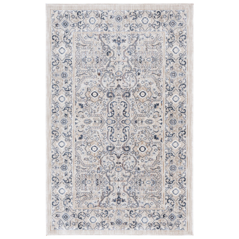 Beige and Navy Hand-knotted Oriental Rectangular Rug