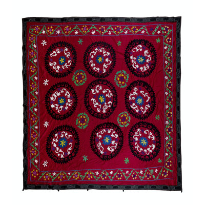 98x98 in Silk Embroidery Bed Cover. Handmade Wall Hanging. Vintage Tablecloth