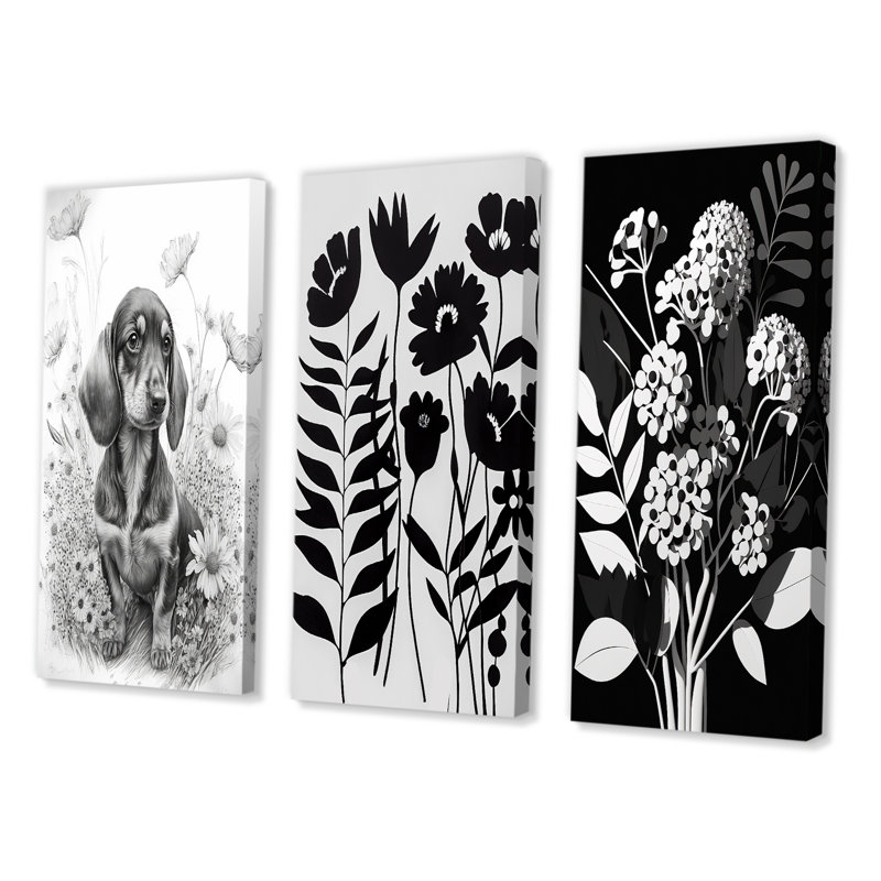"Teckel et fleurs graphiques blanches", 3 pièces sur toile, H 28 po x l 36 po, Toile tendue