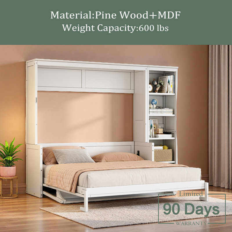 Murphy Bed With Desk And Bookshelf, White, Queen