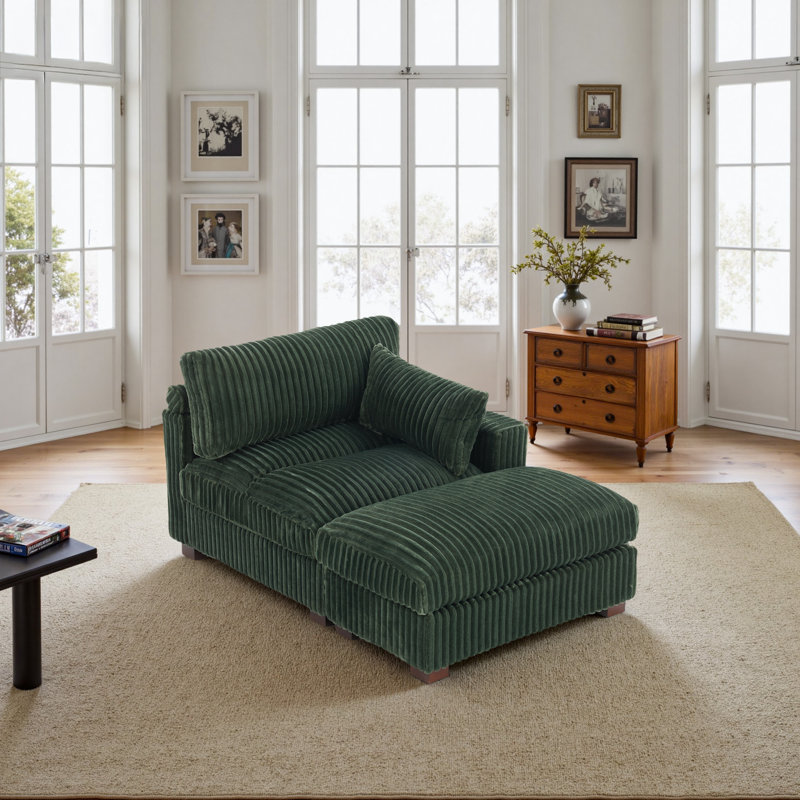 Chaise longue rembourrée en fausse fourrure de lapin verte avec accoudoirs et coussin, Orienté à droite, Vert